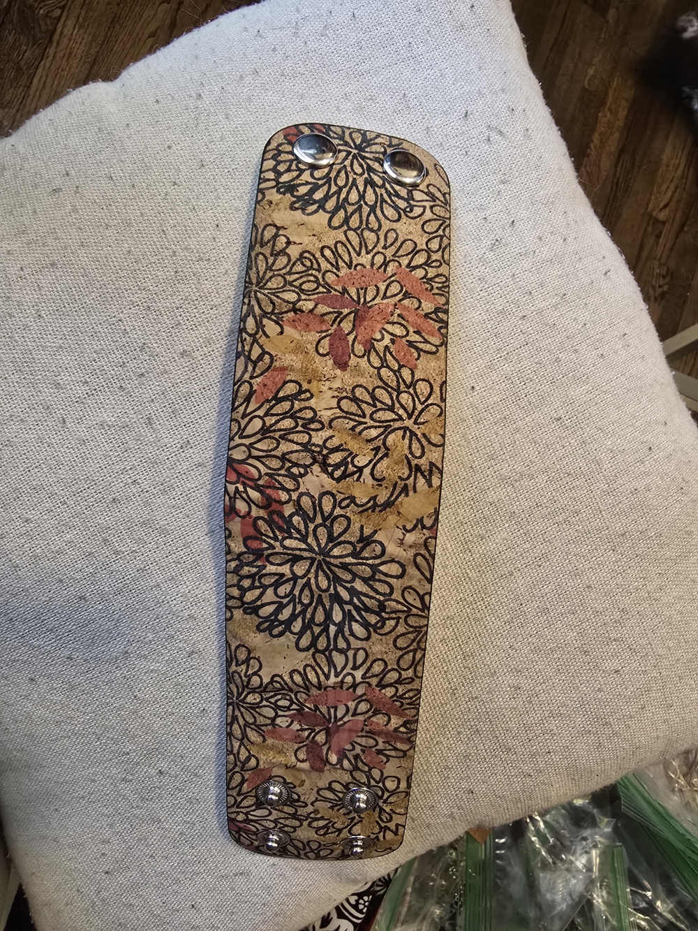 Handcrafted Floral Leather Wrist Cuff - Beige and Red